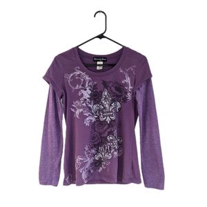 2000s Grunge Fleur-de-lis Print Layerd Long Sleeve Tumblr Skater Girl Tee